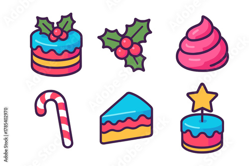 Festive Cake Icons. Holiday Cakes modern flat icon set: layered cake, holly leaf, icing swirl, candy cane, slice of cake, star topper.