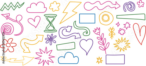 Colorful Hand-Drawn Doodle Icon Set in Marker and Crayon Style on White Background