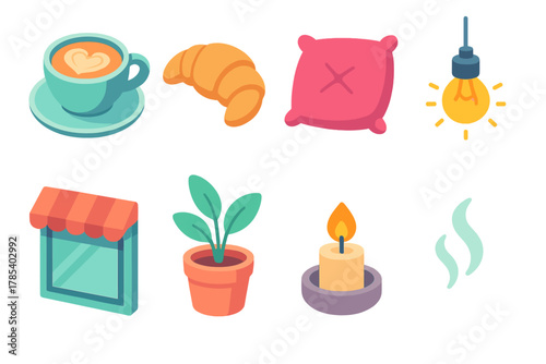 Café Icons Set. Café Ambience modern flat icon set: latte cup, croissant, soft cushion, hanging bulb, café window, plant pot, candlelight, gentle steam.
