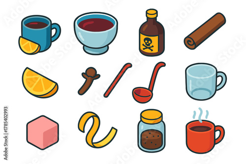 Festive Drink Icons. Festive Beverages modern flat icon set: glühwein mug, punch bowl, rum bottle, cinnamon stick, orange slice, clove, ladle, glass cup, sugar cube, lemon peel,