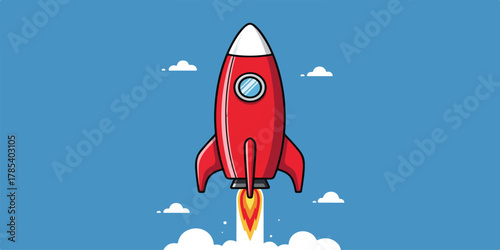 Cartoon illustration of a red rocket ship launching into a blue sky with white clouds and flames.