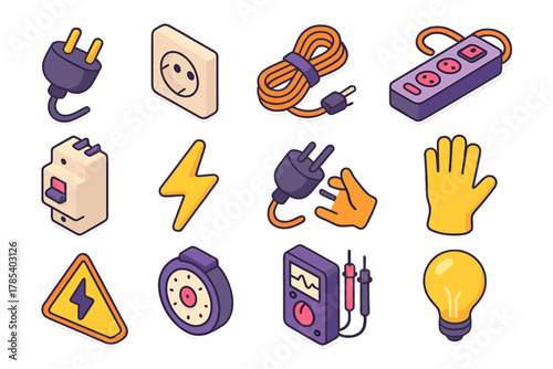 Electric Safety Icons. Electric Safety modern flat icon set: plug, outlet, cord wrap, surge protector, circuit breaker, lightning symbol, unplug icon, safety glove, warning sticker