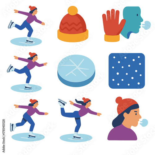 Winter Workout Icons. Winter Workout modern flat icon set: ice skater in motion, gliding pose, wool hat, gloves, frosty breath, icy surface, snow backdrop, dynamic balance,