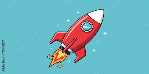 Cartoon illustration of a red rocket ship launching upwards with flames, set against a light blue background with small stars.