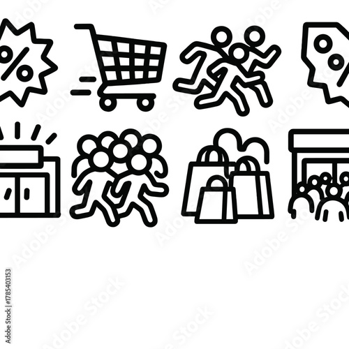 Shopping Spree Icons. Shopping Frenzy outline icon set: sale banners, shopping carts, crowd rush, discount tags, flashing lights, packed mall, shopping bags, store entrance.