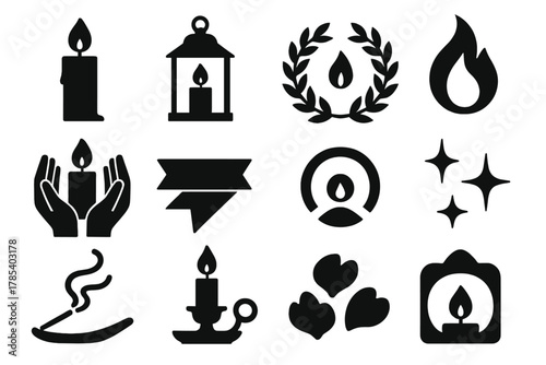 Brutalist Candlelight Icons. Candlelight Ceremonies Set bold vector icon set: single candle, glowing lantern, wreath, flame, hands holding candle, ribbon, soft light, stars,