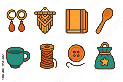 Colorful Craft Icons. Handmade Goods modern flat icon set: jewelry, macramé, notebook, wooden spoon, ceramic cup, spool of thread, button, gift bag.