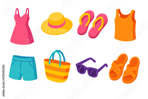 Summer Wardrobe Icons. Summer Wardrobe modern flat icon set: sundress, straw hat, flip-flops, tank top, shorts, beach bag, sunglasses, woven sandals.