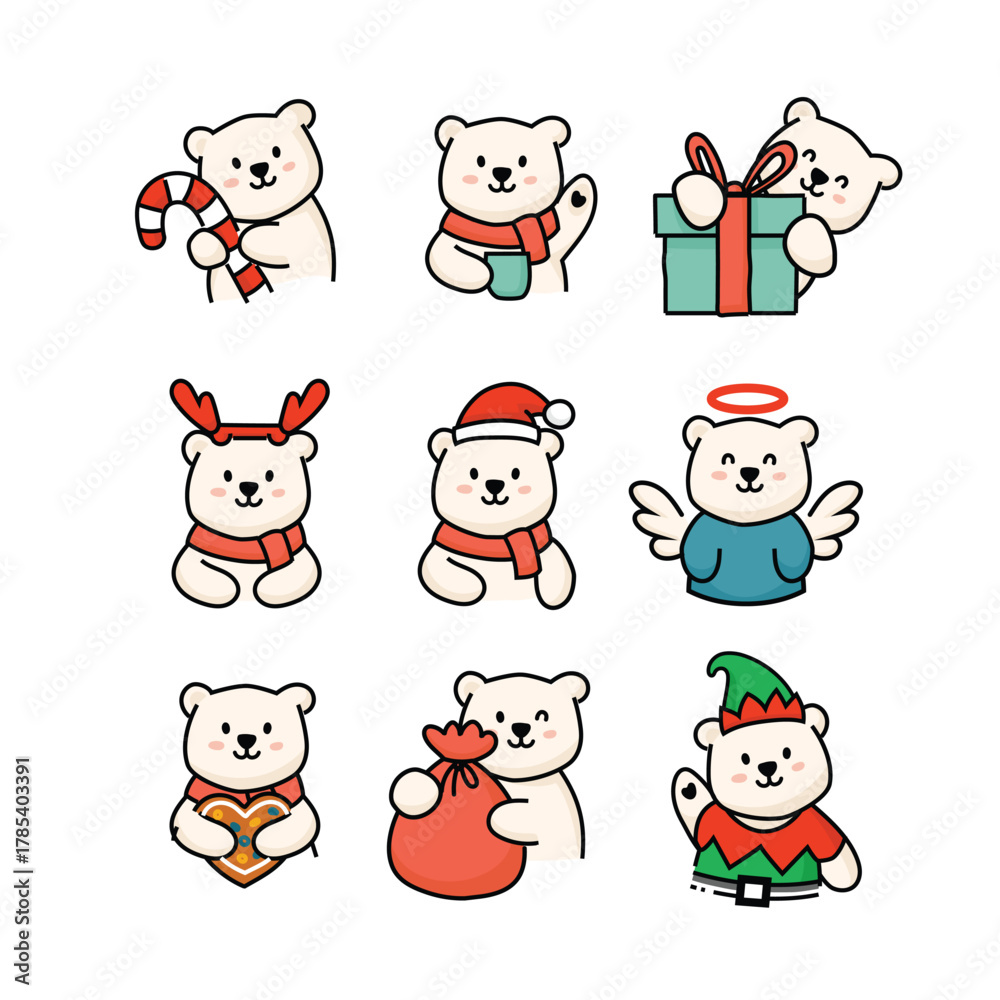 Obraz premium Cute polar bear Christmas icons with festive outfits and accessories like gifts, candy cane, Santa hat, angel wings, and elf costume.