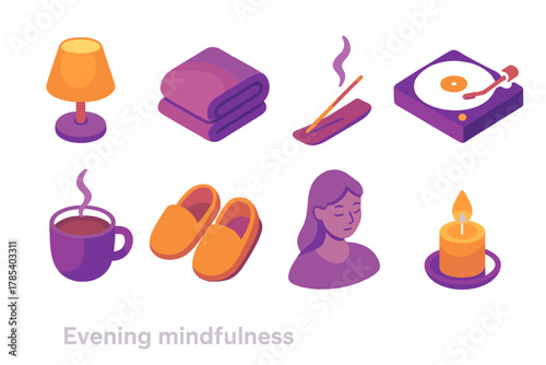 Mindfulness Evening Icons. Evening Mindfulness modern flat icon set: dim lamp, blanket fold, incense smoke, record player, cup of cocoa, slippers, peaceful shadow, glowing candle.