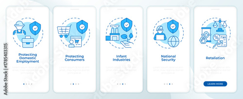 Trade protectionism benefits blue onboarding mobile app screen. Walkthrough 5 steps editable graphic instructions with linear concepts. UI, UX, GUI. Montserrat SemiBold, Regular fonts used