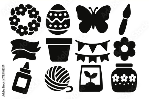 Spring Craft Icons. Spring Crafts Set bold vector icon set: flower wreath, painted egg, butterfly cutout, watercolor brush, pastel ribbon, garden pot, paper garland, fabric flower,