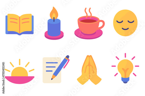Mindful Icons Set. Mindful Moments modern flat icon set: open journal, candle flame, cup of tea, calm face, sunrise, pen and paper, folded hands, peaceful light.