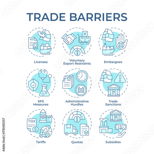 Trade barriers soft blue concept icons. Export restraints. Governmental subsidies. Shipping embargo. Icon pack. Vector images. Round shape illustrations for article, brochure. Abstract idea