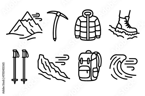 Winter Trek Icons. Winter Mountain Trek outline icon set: snow-covered peak, ice pick, layered jacket, boots in snow, trekking poles, frozen ridge, backpack, wind gust lines.