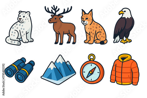 Winter Safari Icons. Winter Safari modern flat icon set: snow leopard, elk, lynx, eagle, binoculars, snowy mountains, compass, warm jacket.