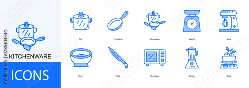 kitchenware icon collection set. Containing Pot, Frying Pan, Weight, Mixer, Bowl icon