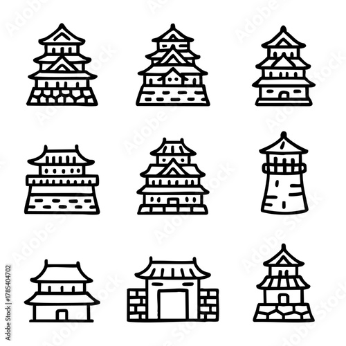 A set of doodle line icons illustrating Japan castles, pagodas, historical towers, and traditional architecture with stone bases and rooftops