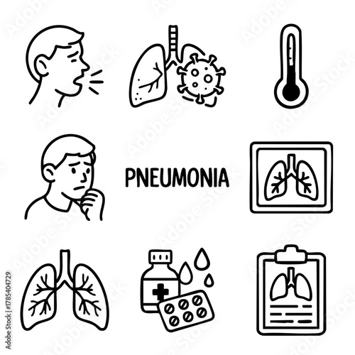 A set of doodle line icons illustrating pneumonia-related symptoms, lungs, fever, medication, X-rays, and respiratory infection diagnosis