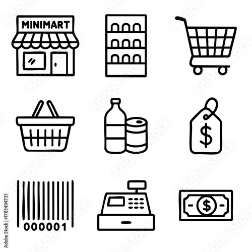 A set of doodle line icons illustrating convenience store elements like carts, shelves, baskets, products, pricing, barcodes, and cash registers