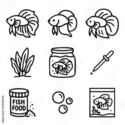 A set of doodle line icons featuring betta fish, fish tanks, aquatic plants, fish food, bubbles, and aquarium maintenance items