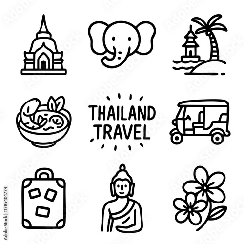 A set of doodle line icons representing Thailand travel including temples, elephants, tuk tuk, Thai food, Buddha statue, beaches, and flowers