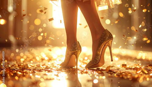 Golden Evening: Glimmering golden high heels adorn a woman as she walks across a room, scattered with shimmering confetti, dancing in the light.