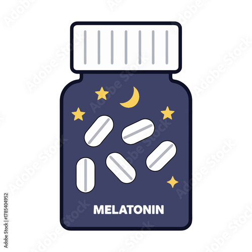 An illustration of a melatonin supplement bottle with stars and a moon, emphasizing sleep and relaxation