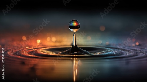 Realistic photograph of colorful water droplet impacting nature and reflection