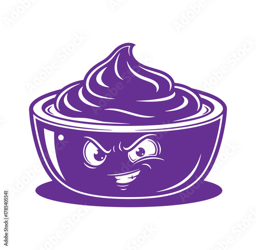 A purple bowl of cream or dessert with angry cartoon eyes isolated on white