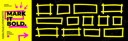 Marker highlight squares and rectangles to emphasize text design. Rectangle marker drawn frames and borders. Vector bright yellow bold geometric shapes. Whiteboard sketchy design.
