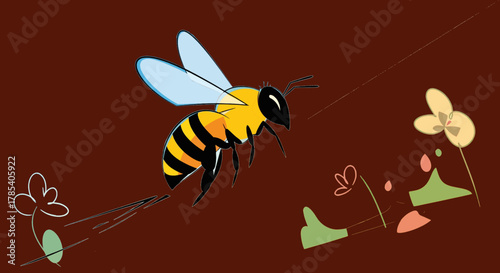 Stylized bumblebee in mid-air flight on a journey to pollinate delicate abstract flowers
