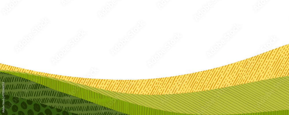 Naklejka premium Wavy green yellow landscape texture background. Collage agriculture banner with abstract wheat, rice or vineyard. Corn field collage pattern. Abstract farm background with layout and pattern texture.