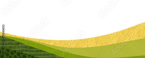 Wavy green yellow landscape texture background. Collage agriculture banner with abstract wheat, rice or vineyard. Corn field collage pattern. Abstract farm background with layout and pattern texture.