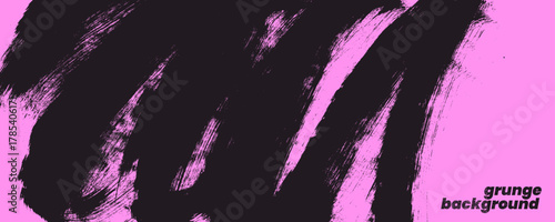 Bold brush drawn girly background in pink and black colors. Punk retro banner design template. Bold brush squiggles and curved thick smears with damaged edges texture. Vector funky girly background.