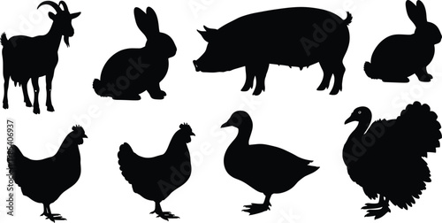 Black silhouette illustration of farm animals including goat, pig, rabbit, chicken, duck, and turkey, vector graphic design for agriculture, livestock, and farming concept art