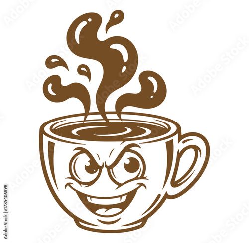 Animated coffee cup character with angry expression and rising steam for cafe design