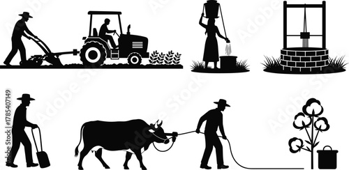 Black silhouette illustration of farmers using tractor, ox plough, water well, and cotton plant, vector design representing agriculture, rural life, and traditional farming concept