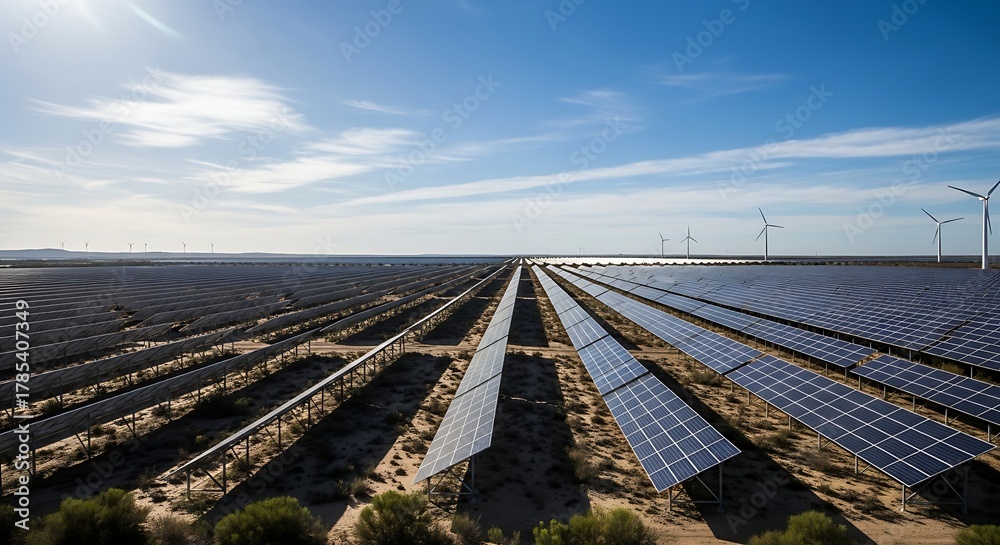 Fototapeta premium Solar Panels and Wind Turbines Generating Renewable Energy in Arid Landscape Under Blue Sky