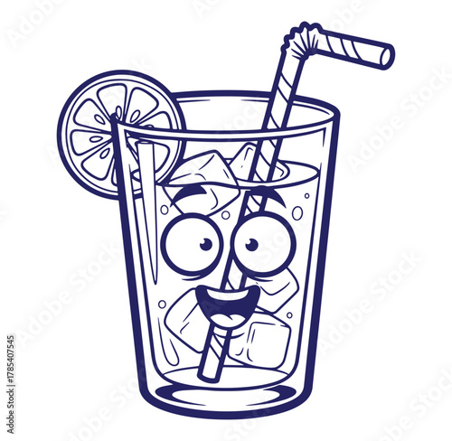 Cartoon illustration of a refreshing iced drink with lemon and funny character face