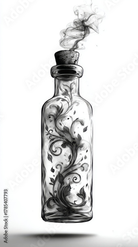 Ornate glass bottle with a cork and rising smoke, artistic ink drawing style, representing mystery and magic against a white background