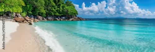 Tropical beach with palm trees and turquoise water in ocean. Paradise island on sunny day. Trip, travel and vacation