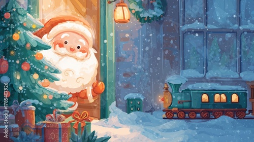 A festive scene of collaboration and celebration as Santa peeks from behind a decorated Christmas tree on a snowy evening.