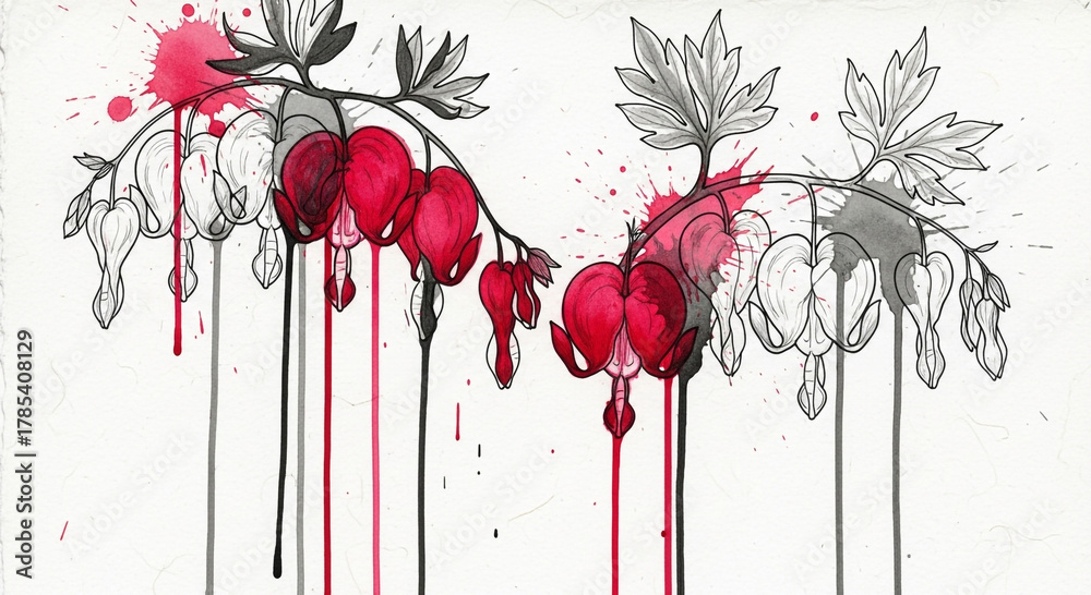 Obraz premium Artistic illustration of bleeding heart flowers with red paint splatters and drips, combining detailed line art with abstract elements.