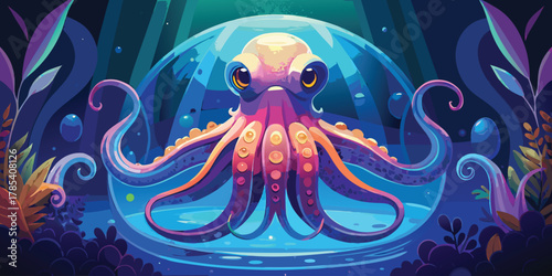 An octopus in a glass sphere, a whimsical illustration of marine life and curiosity