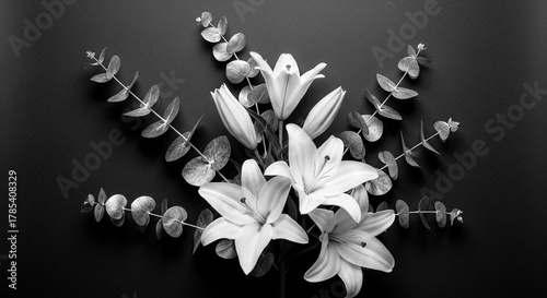 Elegant black and white floral arrangement featuring lilies and eucalyptus leaves on a dark background.
