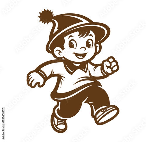 Cheerful cartoon boy running happily wearing a hat and bowtie in a vintage illustrative style