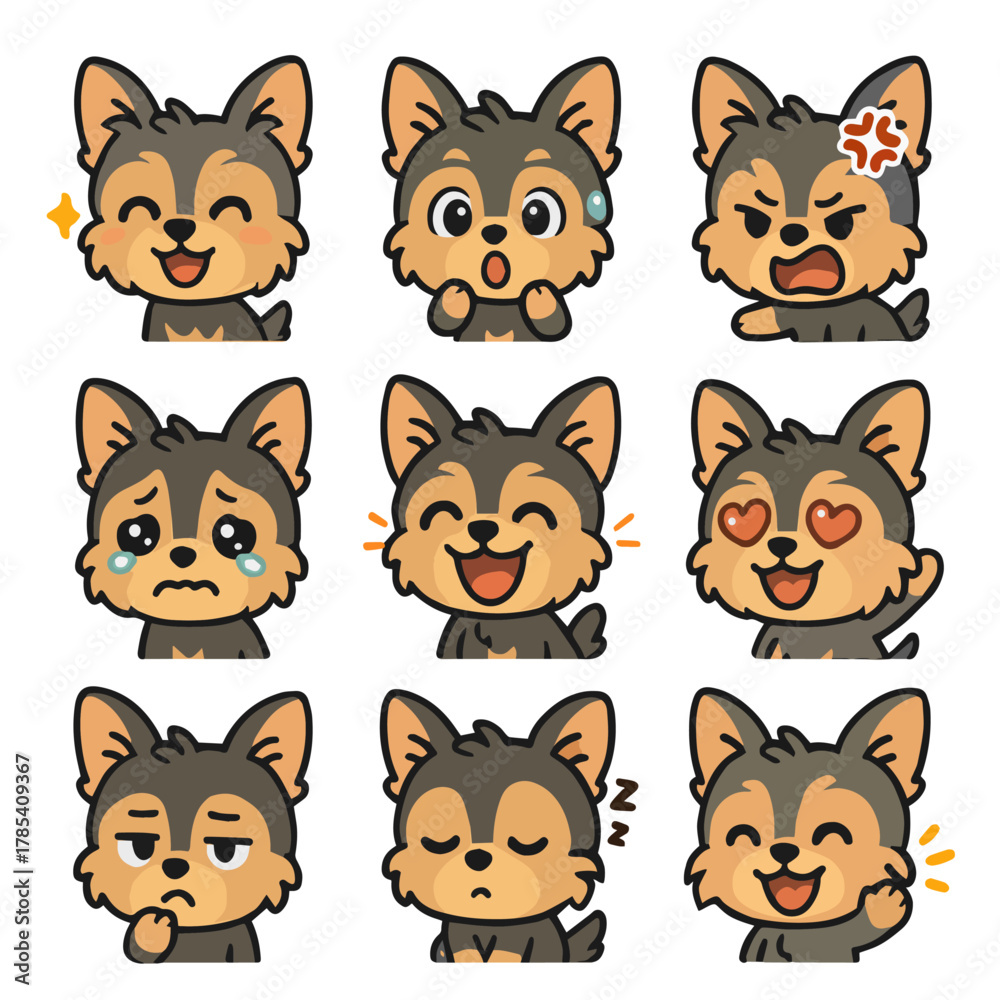 Fototapeta premium A set of cute anime dogs illustrations doing different activities with different expressions.Stickers or badges. Yorkie