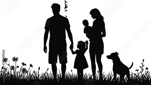 Family silhouette, parents with children and dog, outdoor scene, love and nature, family togetherness, birds flying, family harmony illustration