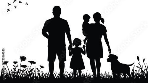 Family silhouette, parents with children and dog, outdoor scene, love and nature, family togetherness, birds flying, family harmony illustration